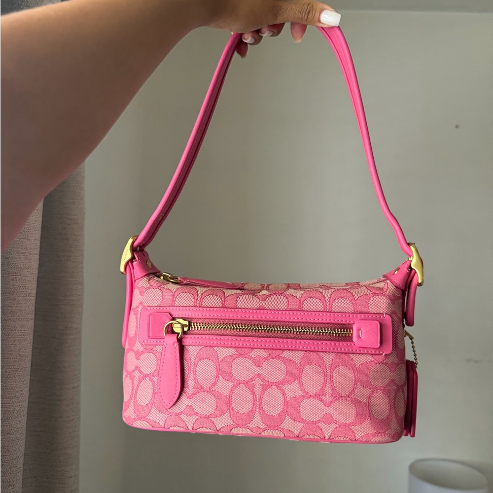 Coach Pink Signature Jacquard Shoulder Bag with Gold Hardware